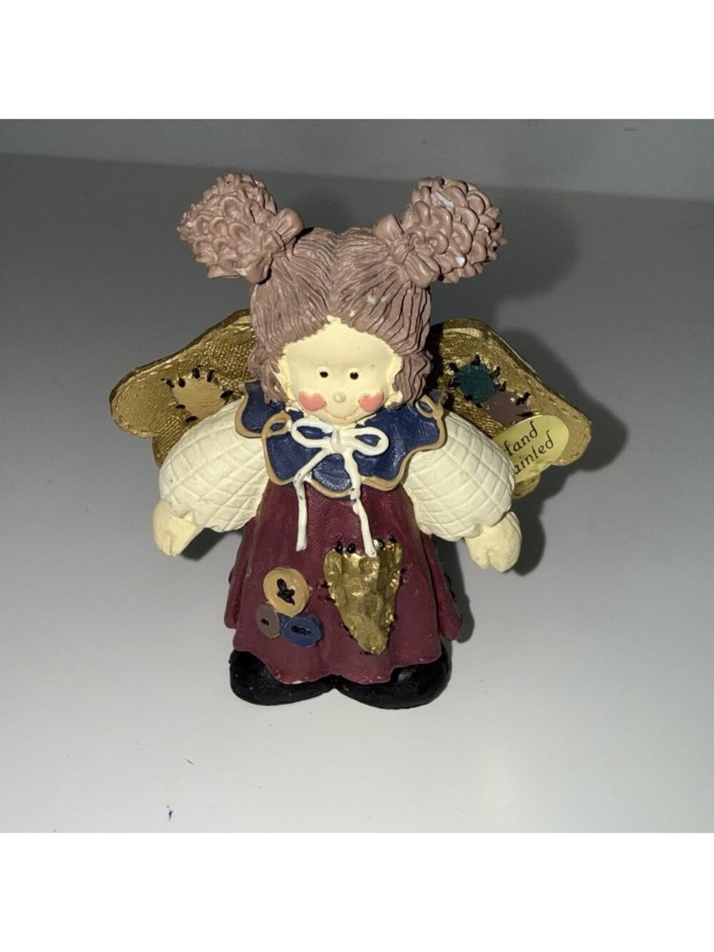 VTG Papel Freelance Angel Figurine 4" Hand Painted Resin Folk Art Country Quilt